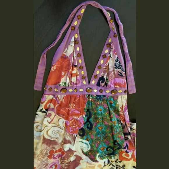 Halter Floral Beaded Patch Work Summer Maxi Beach casual Dress size S - Picture 9 of 12